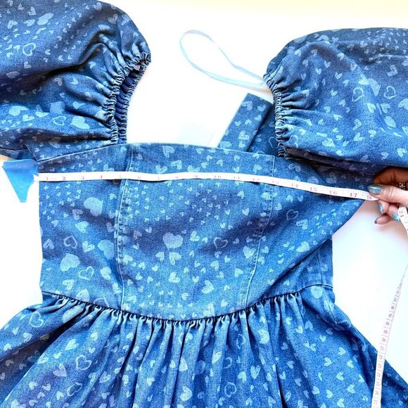 NWT Avec Les Filles puff sleeves baby doll mini dress in denim with heart prints - Picture 14 of 16